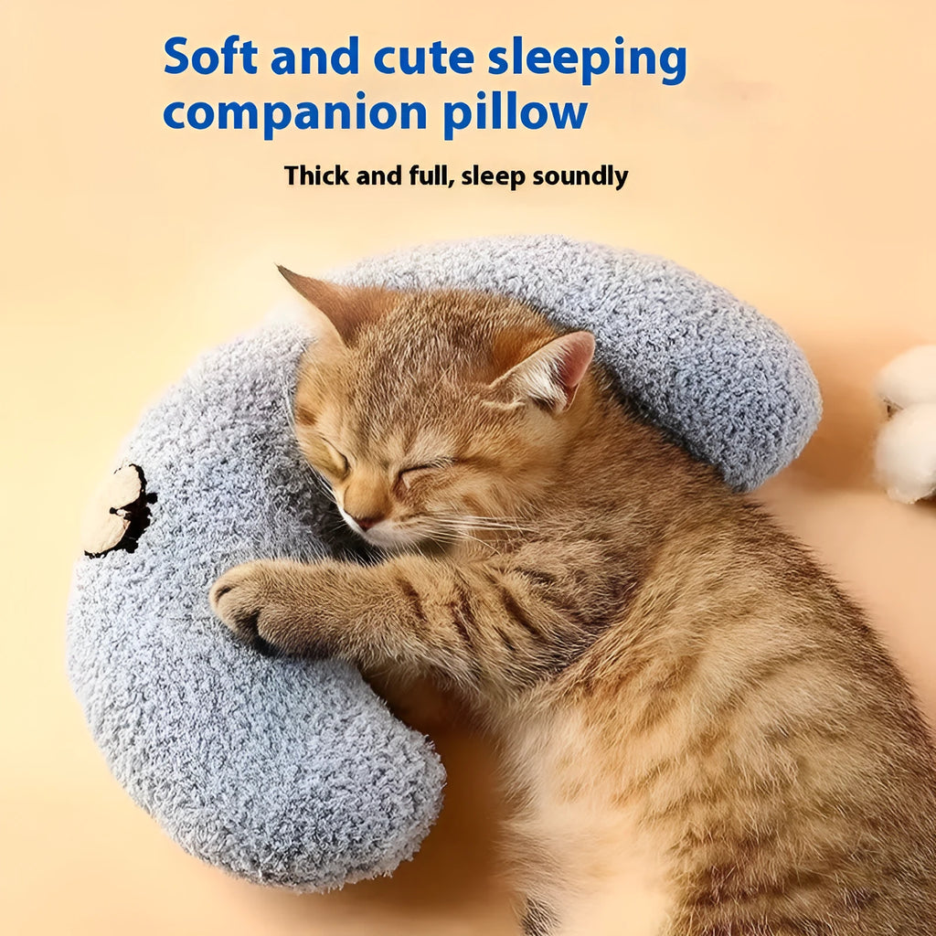 Cat sleeping mat U-shaped pillow in moon and question mark designs on blue, white and yellow cloth
