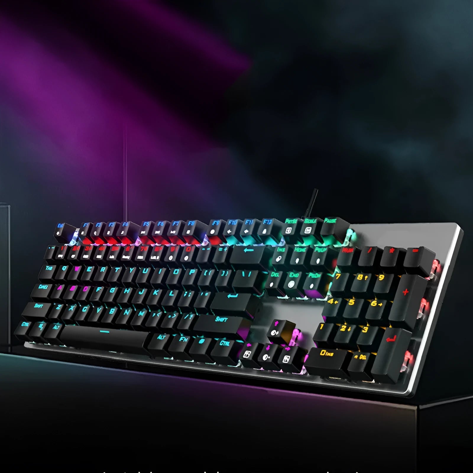 AOC GK410 mechanical keyboard with green axis switches, metal construction, and full 104-key layout