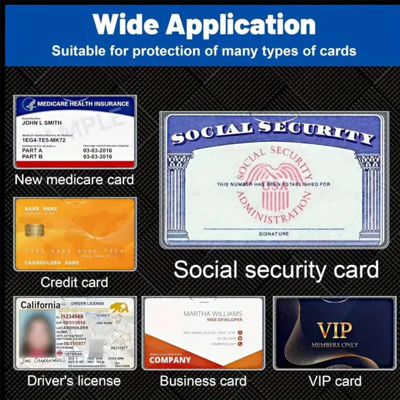 Clear transparent PVC wallet holding a social security card, showing waterproof cover dimensions of 9.7cm by 5.9cm.