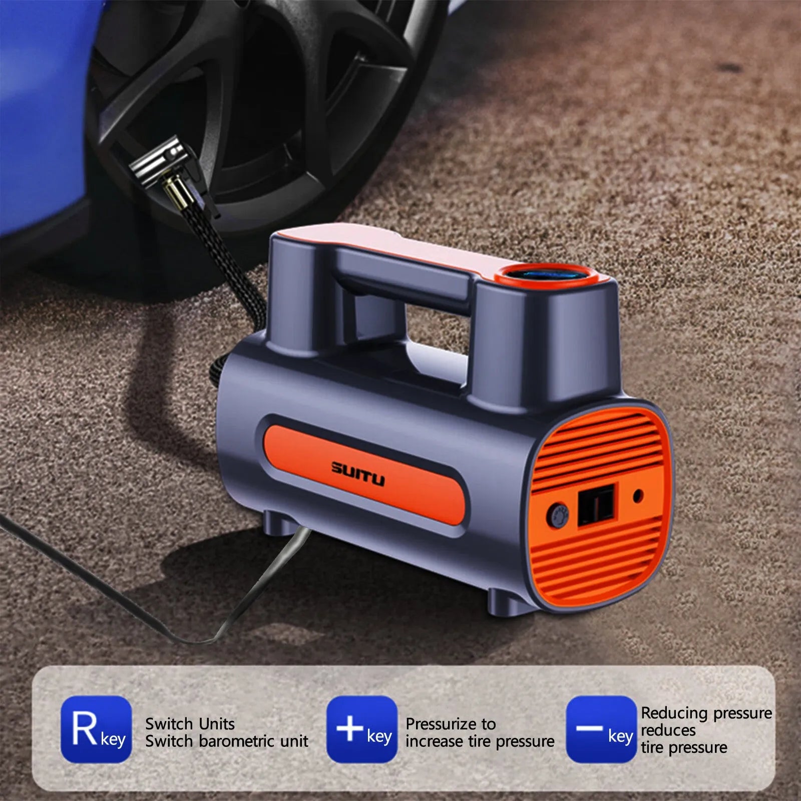 Black portable cordless tyre inflator pump with digital LCD screen and air hose