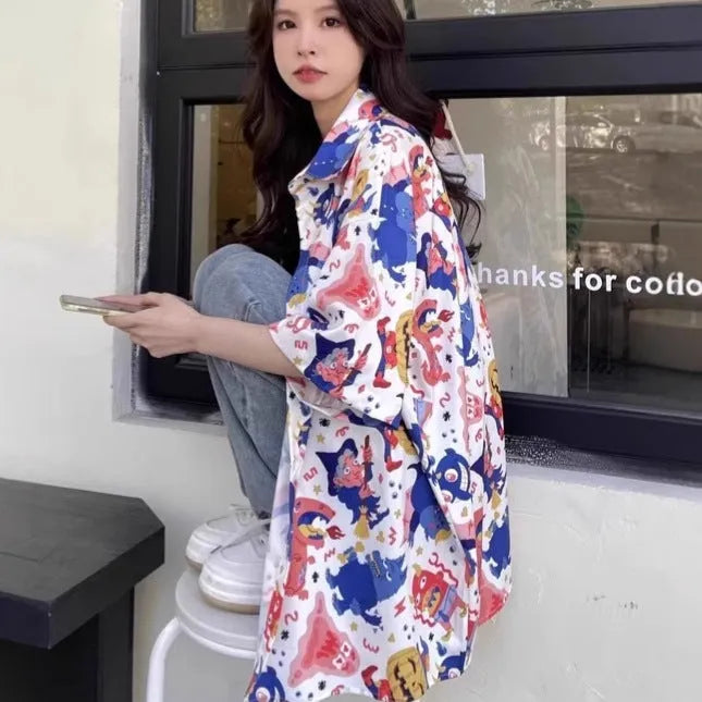 Women's summer retro full printed short-sleeved shirt in loose fit polyester, shown in picture colour