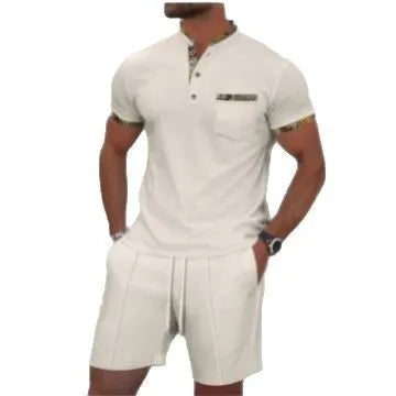 Men's grey zip-front polo short sleeve top and matching shorts, a cotton blend summer suit set.
