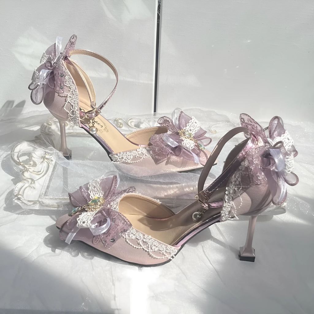 Purple satin Lolita shoes with a stiletto heel and square toe on a white background.