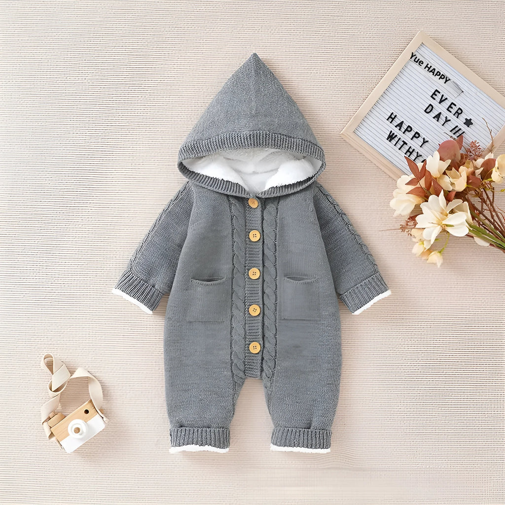 Baby winter thickened knitting jumpsuit romper in long climbing style, pink colour, sized for 62-86cm height