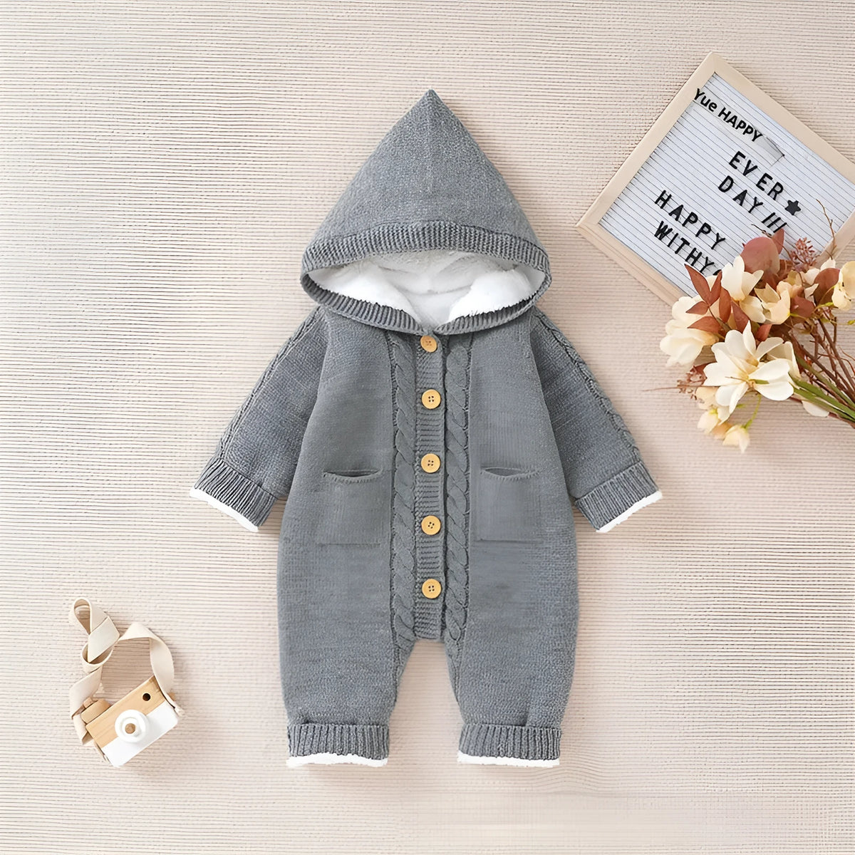 Baby winter thickened knitting jumpsuit romper in long climbing style, pink colour, sized for 62-86cm height