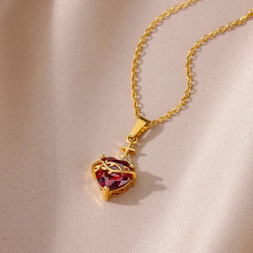 Stainless steel heart-shaped cross zircon necklace red pendant unisex 18K gold colour finish with adjustable chain