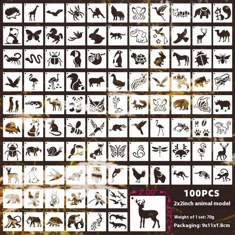 100 pieces of 2-inch milky white PET film spray painting templates showing floral, animal, and letter designs