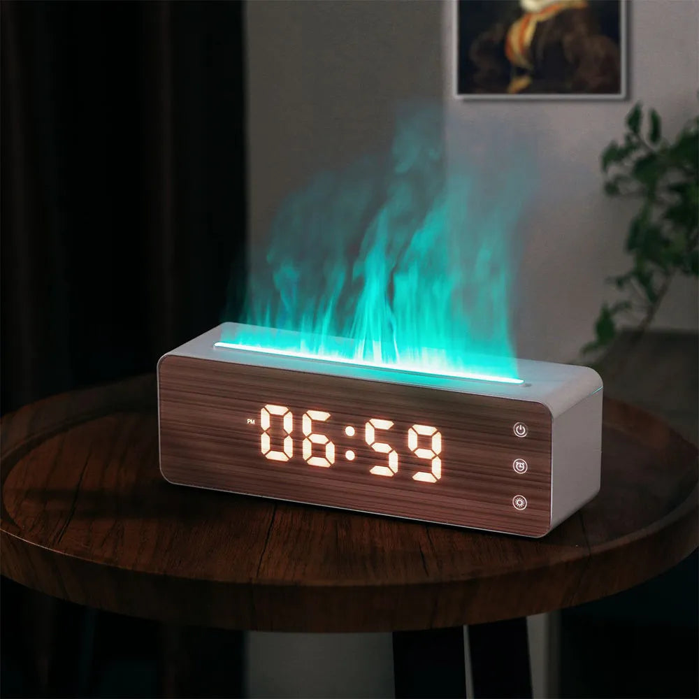 Flame Humidifier with Clock Display Desktop Aromatherapy Machine for Bedroom Household Use ABS Electronic Components White 28x8.5x9.3cm Plug In Ultra Quiet Large Capacity Water Tank