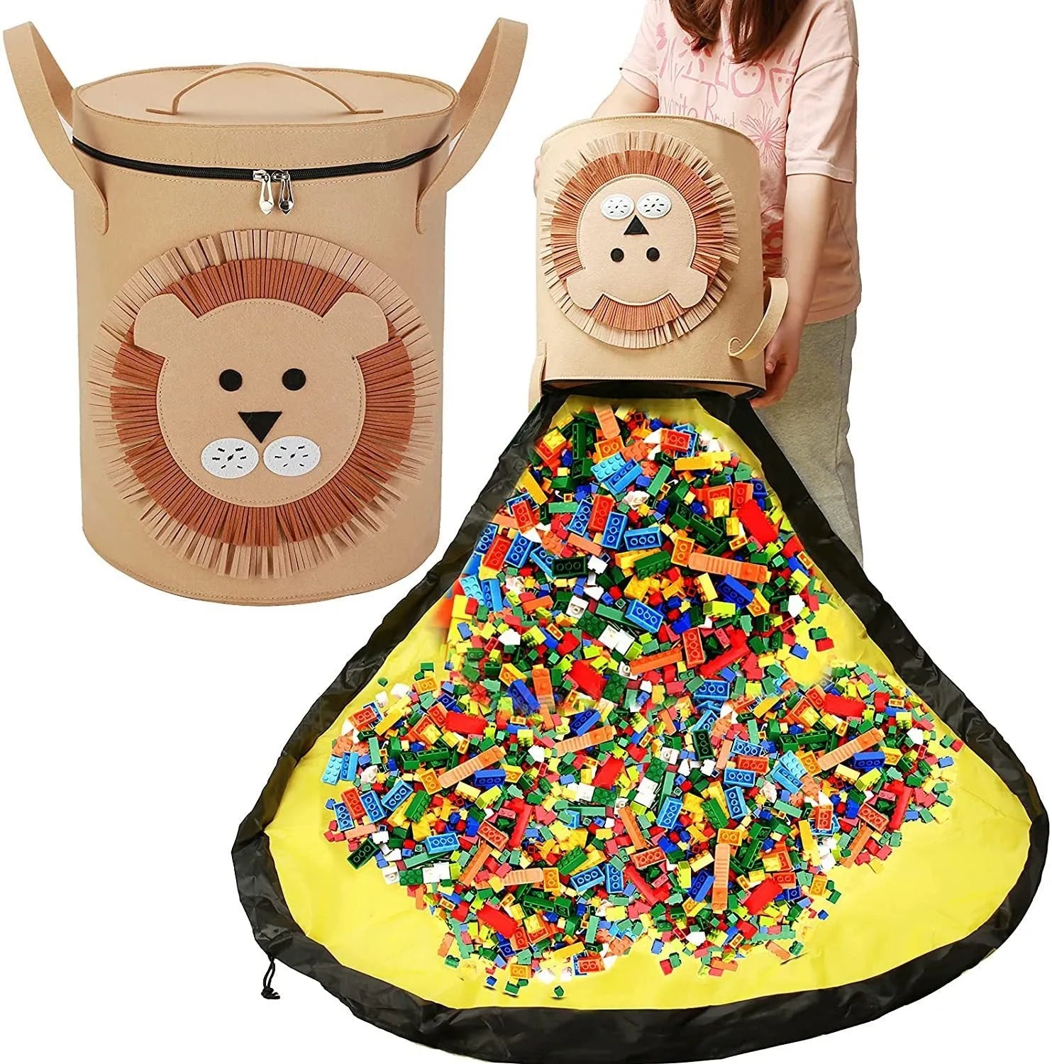 Green felt cube storage bag with pull rope closure shown as toy play mat