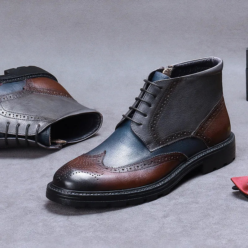 Men's coffee blue leather brogue boots with stitching detail and square low heel