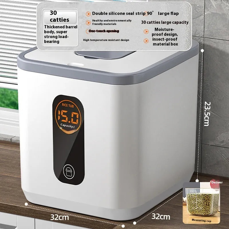 Grey plastic sealed rice storage jar with lid and a measuring cup, shown in three size options.