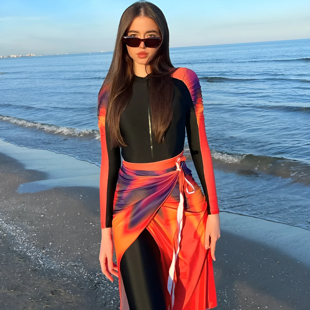 Women's conservative style polyester swimsuit three-piece set in colour 427Style