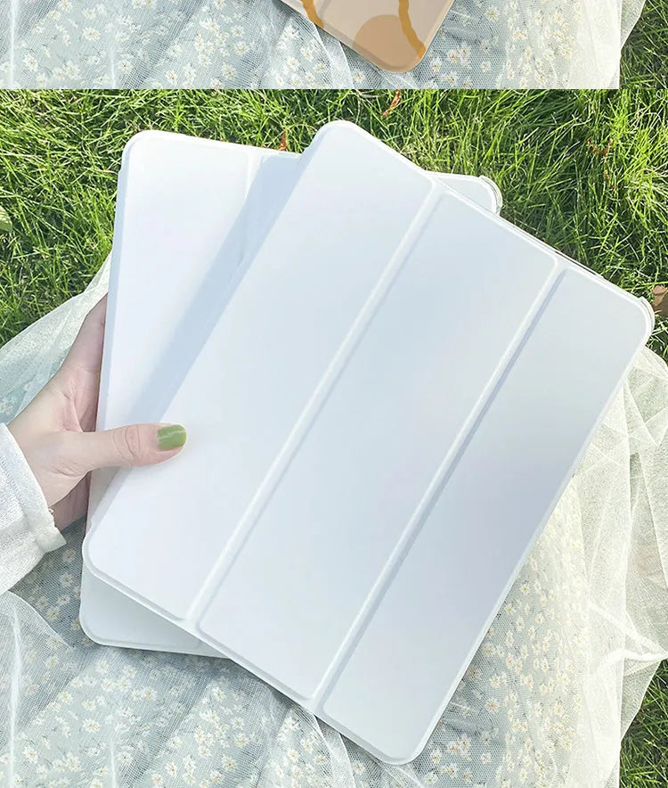 Rabbit cartoon design tri-fold silicone protective case for an iPad tablet, shown in stand mode.
