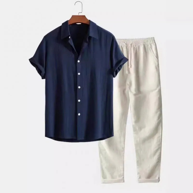 Men's casual linen blend short sleeve shirt and full-length trousers set on a hanger.