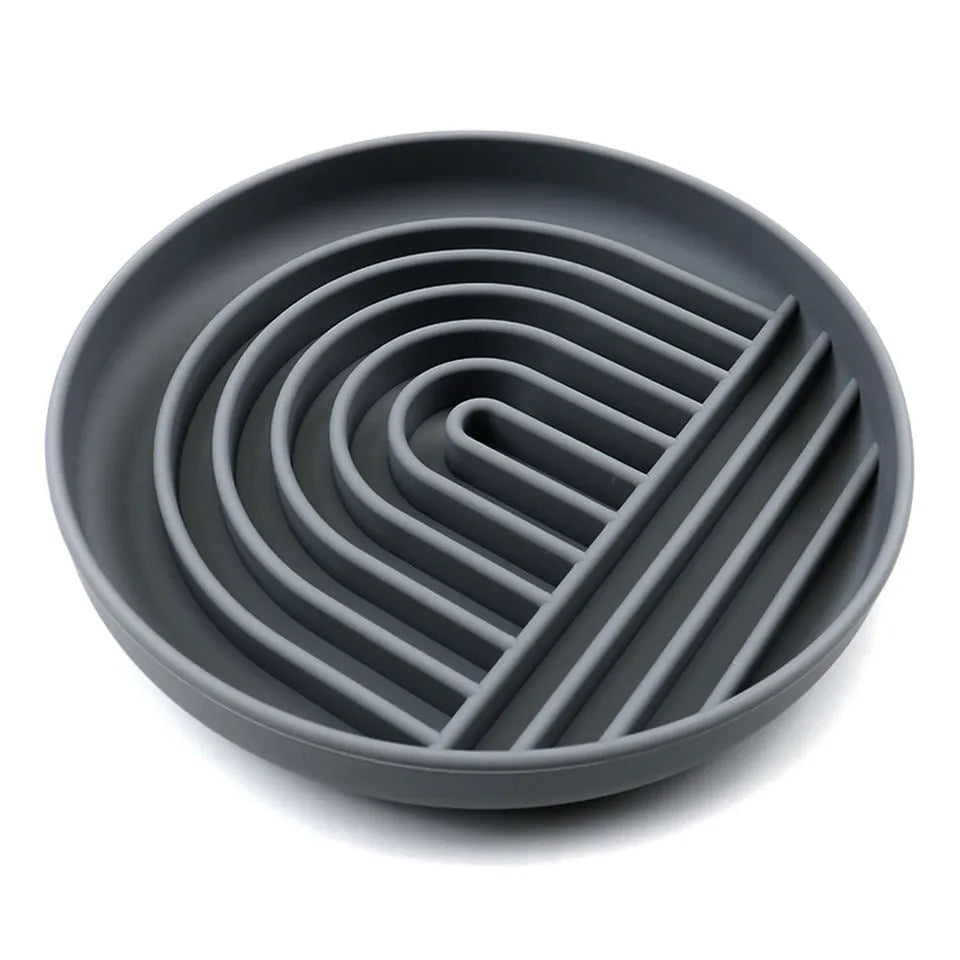 Silicone slow feeder dog bowl with ridges, shown in beige colour, measuring 19 cm.