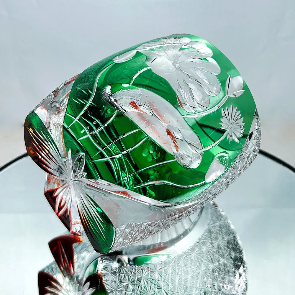 Edo crystal glass whiskey shot glass carved pattern cylindrical assorted yellow green on surface