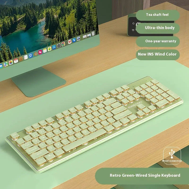 Prewalker V3 wired mute keyboard and mouse suit in retro green colour on a desk