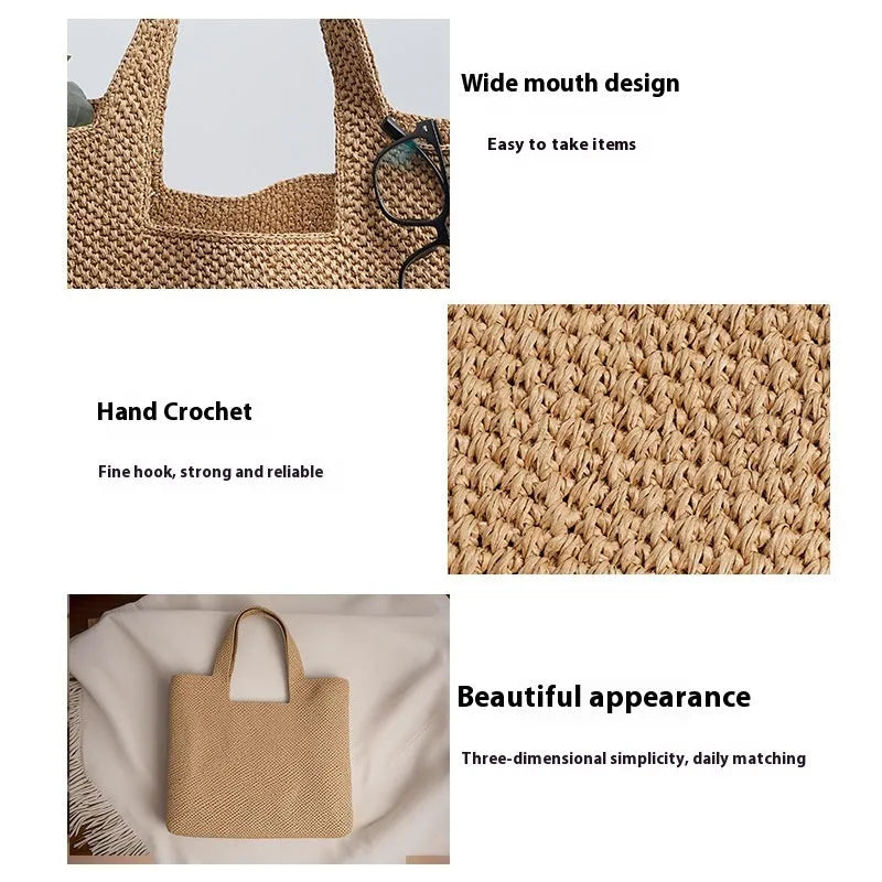 Straw woven bucket tote bag in beige colour showing woven texture and open top design