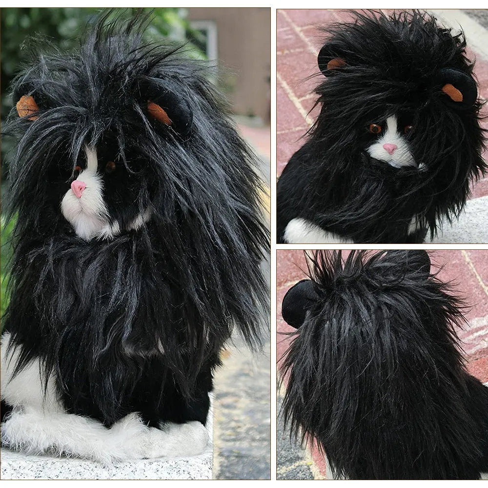 Lion headgear wig for a cat in black synthetic fur with an adjustable chin strap