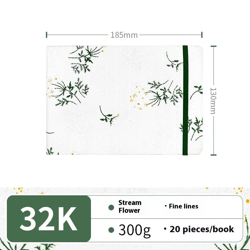 Feiluniao handmade fabric watercolour notebook with illustrated cover, open to show blank paper pages.