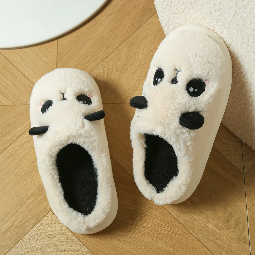 Panda-themed cotton and linen toe ring slippers for adults with a non-slip PVC sole.