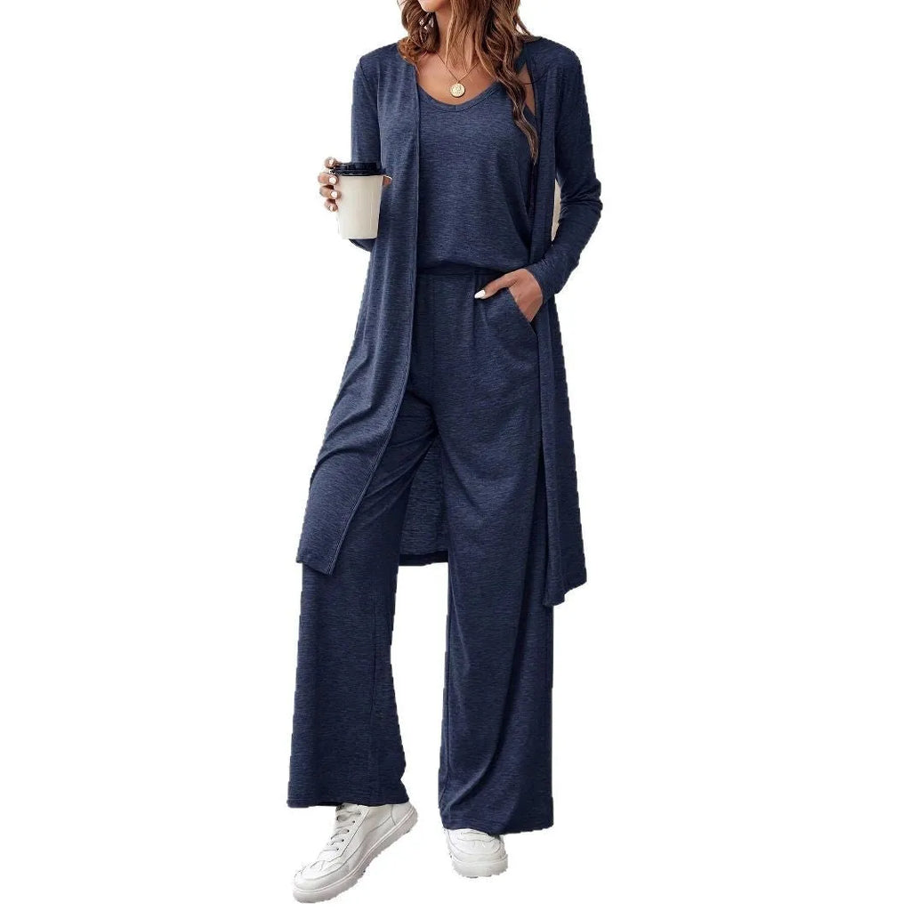 Blue women's three-piece casual suit set with cardigan, top, and trousers