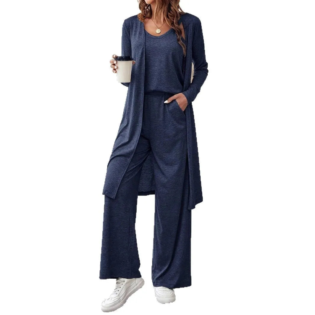 Blue women's three-piece casual suit set with cardigan, top, and trousers
