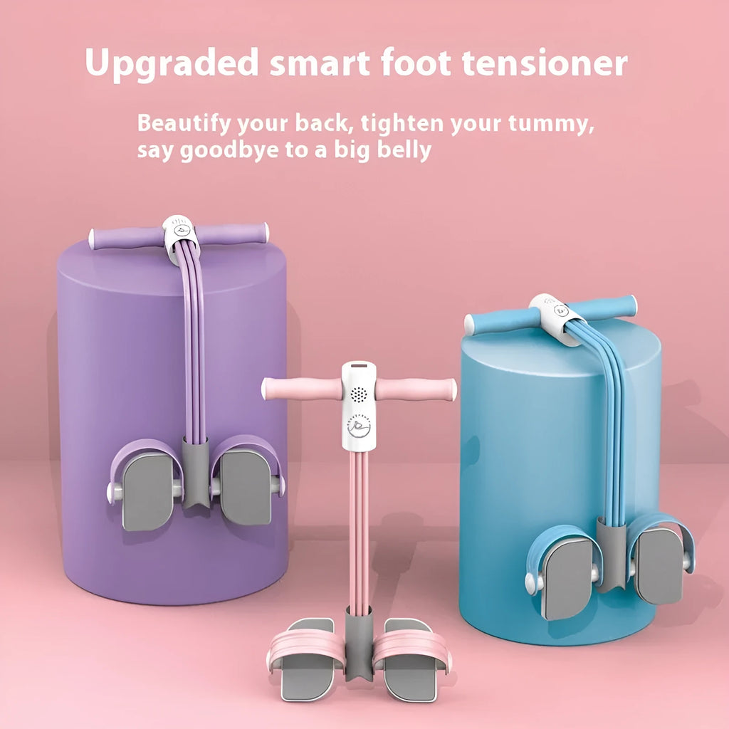 Blue portable intelligent foot pedal pull device for home fitness on a wooden floor.