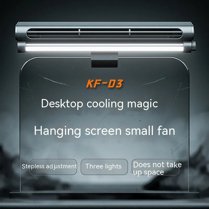 Black USB-powered bladeless fan with integrated lighting lamp clipped to computer screen