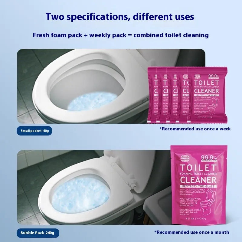 Toilet bubble powder descaling cleaner in blue ocean and pink floral fragrance options with 40g bags and 240g big bag