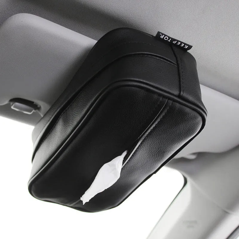 Black PU leather car hanging storage box with paper bag organiser for vehicle interior storage