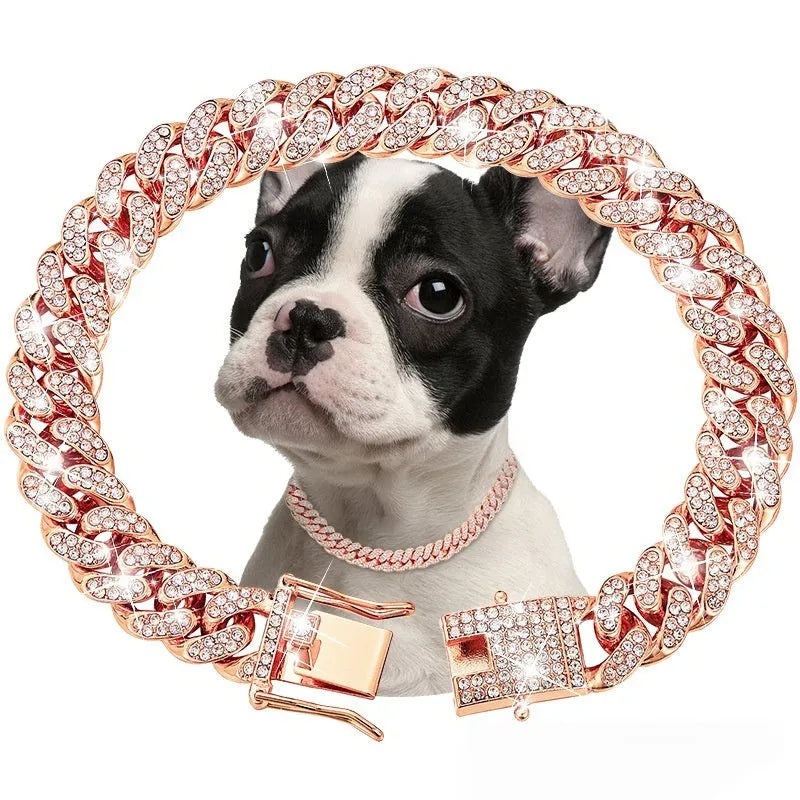 Pet diamond collar Cuban link chain necklace in gold with zinc alloy finish for dogs and cats