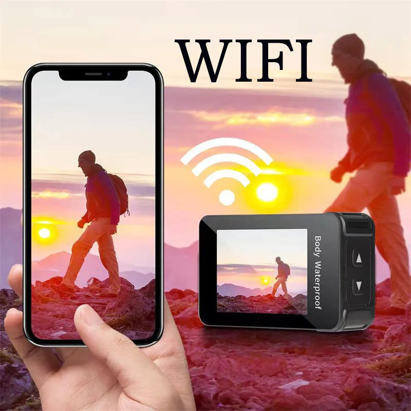 Black compact action camera with touchscreen, shown for outdoor sports and dashcam use.