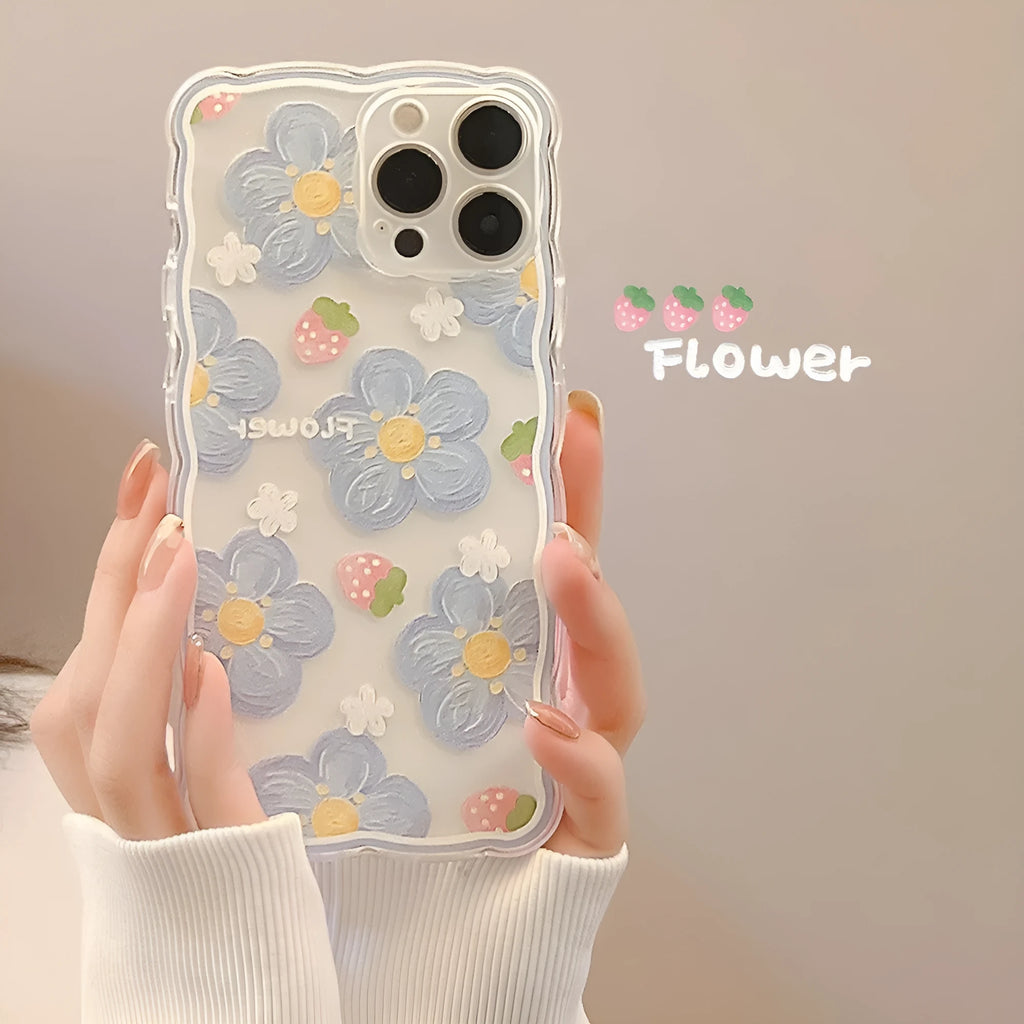 Transparent wave edge silicone phone case with blueberry flower pattern for Apple iPhone