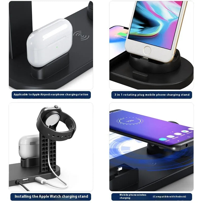 Black wireless charging stand holding a mobile phone and smartwatch upright with headphones in slot.