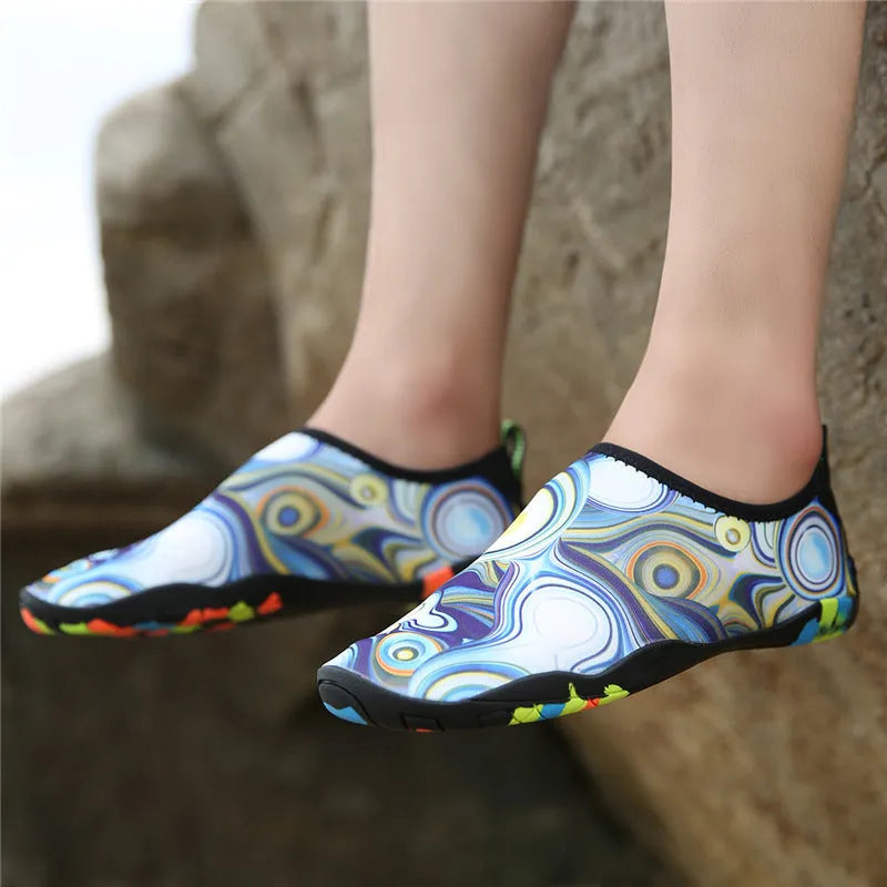 Blue elastic water wading shoes with EVA sole for beach and swimming.