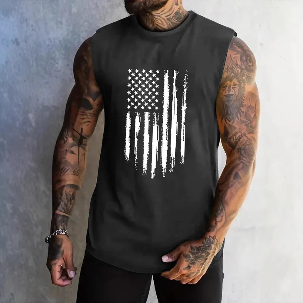 Men's sleeveless polyester vest top in dark heather grey with printed design, available in sizes S to XXXXL