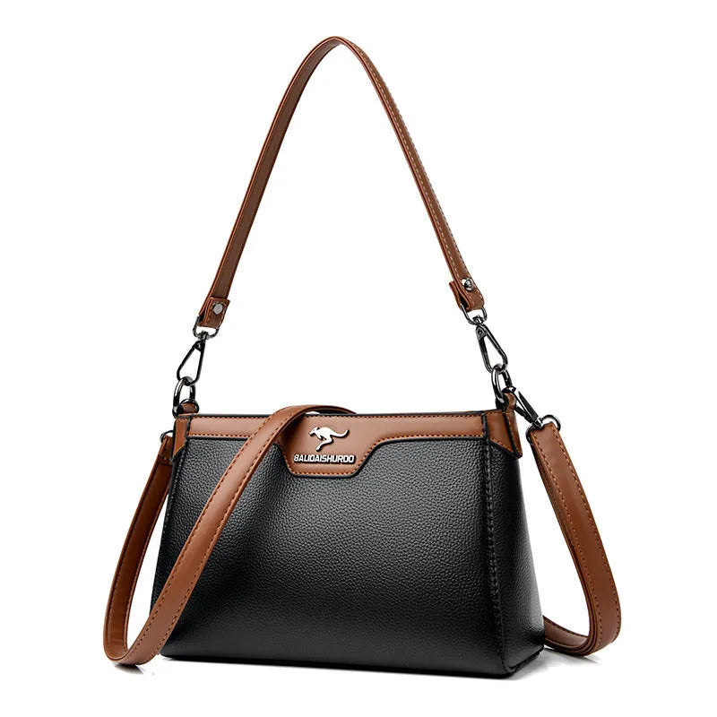 One shoulder soft PU small square stitching women's cross-body bag in black with contrast colour details and double strap