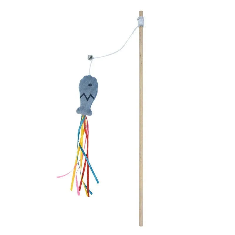 Cat wand toy with wooden handle, catnip fish attachment, colourful ribbons, and bell