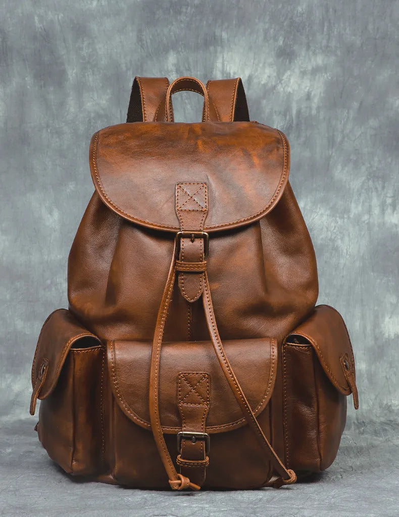 Genuine leather retro backpack for men with top grain leather ergonomic back panel 15 inch light brown colour