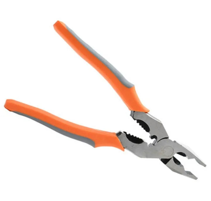 Orange multi-function wire cutter pliers with chrome steel jaws and plastic handles.