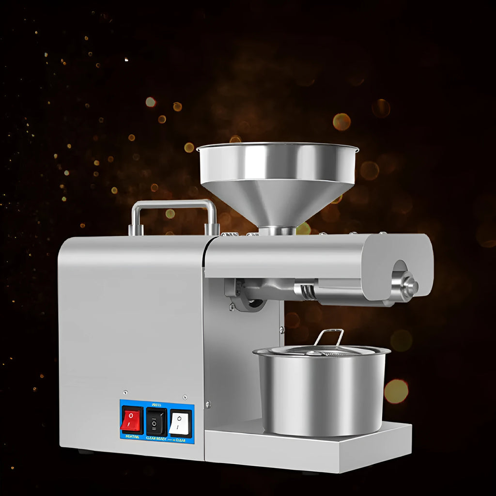 Xiangwei household oil press with digital display measuring 36cm long on kitchen counter