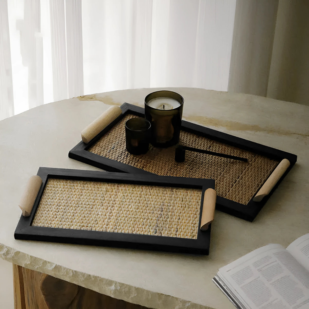 Natural pine wood compartment tray with separate sections for tea and snacks