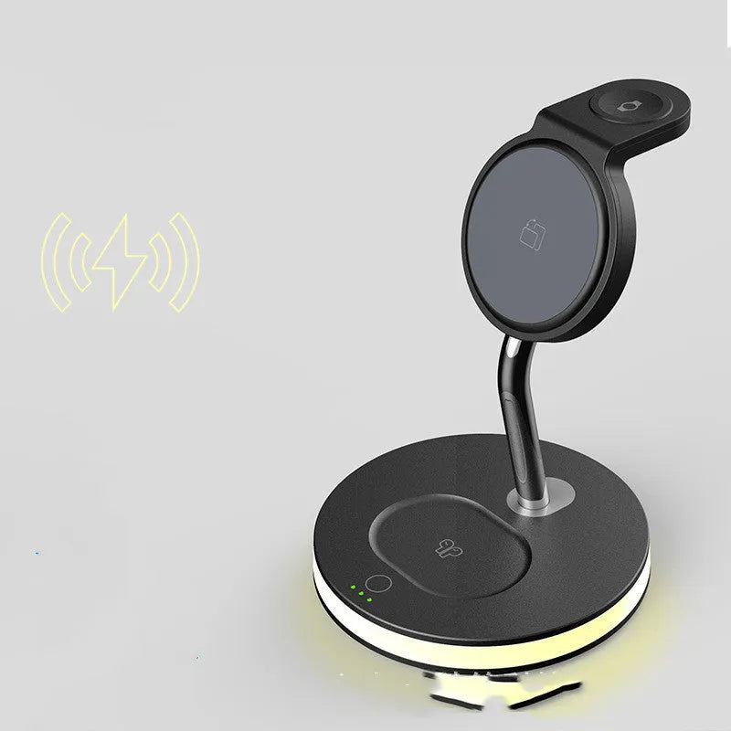 Four in one magnetic wireless charger in black with USB cable and LED light indicator