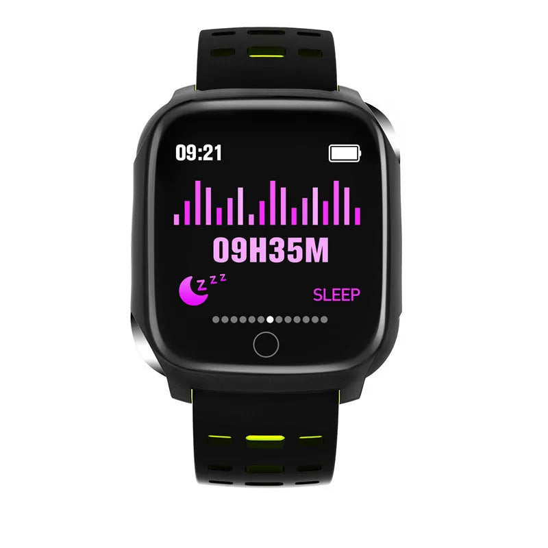 F16 smart watch with ECG monitor on a silicone wristband, showing the IPS display and physical button.