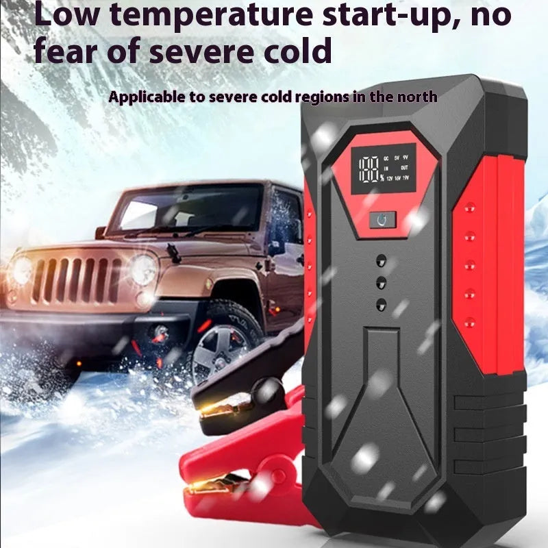 Red 12V car jump starter with battery clamps and 18800mAh capacity for emergency vehicle starting