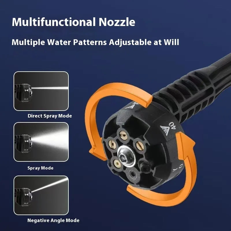 Green wireless high-pressure water gun with metal nozzle, foam pot, extension rods, and battery charger on a grey background