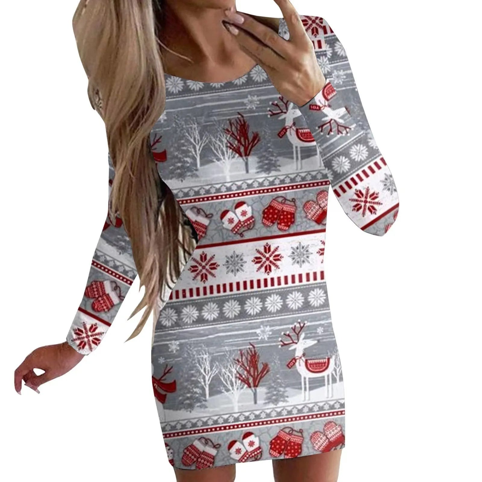 Christmas printed round neck long sleeve narrow dress with animal pattern and colourful flower design