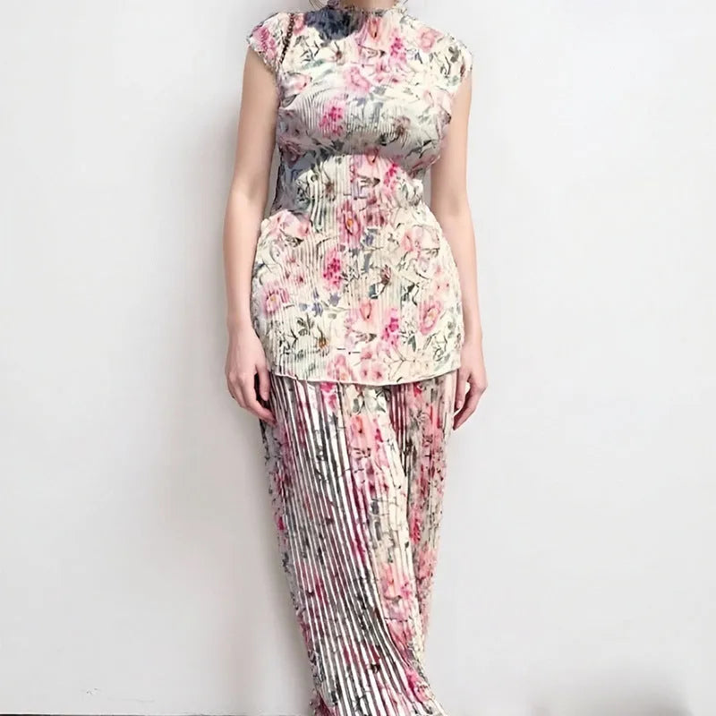 Women's long sleeve printed chiffon dress with high waist, complete two-piece set
