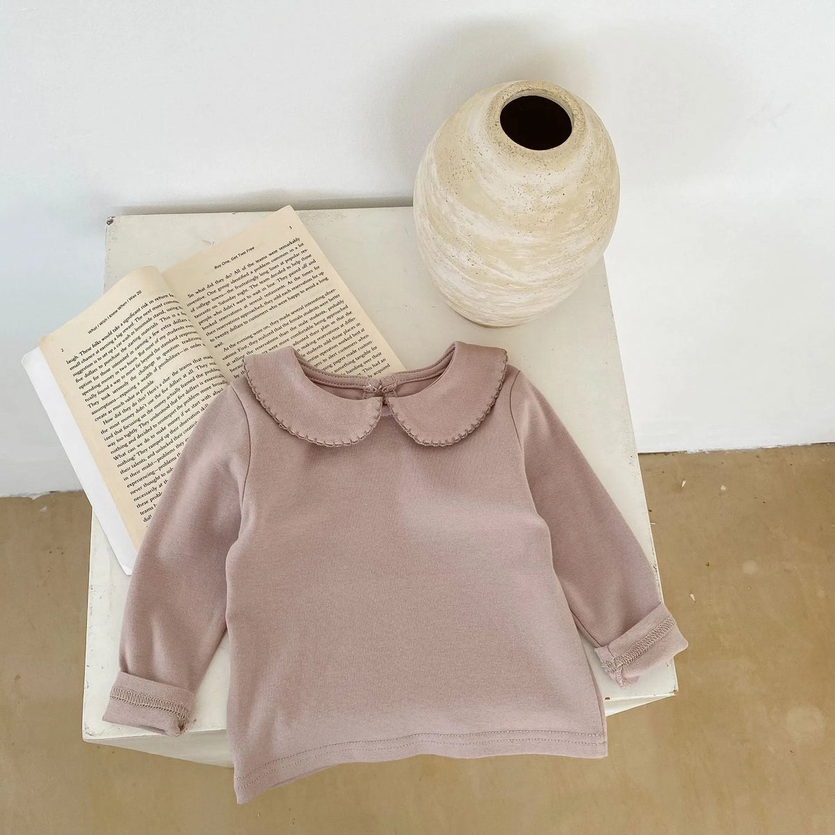 Peter Pan collar long-sleeve top and trousers two-piece set in apricot cotton velvet for girls